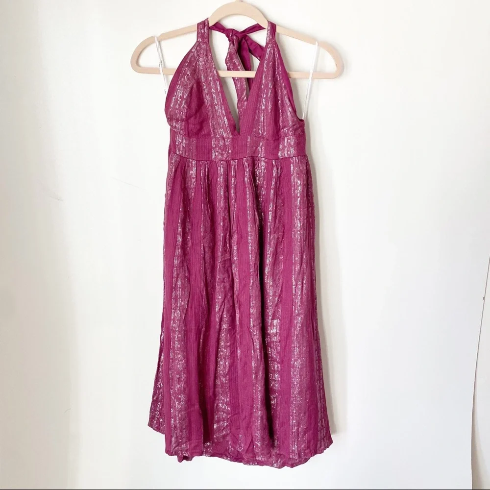 New Lulus Charlize Magenta pink metallic Striped Halter Midi Dress - Picture 5 of 8
